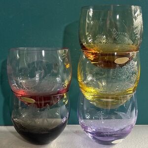 Vintage Moser‎ etched birds bohemian Czech crystal bar glasses